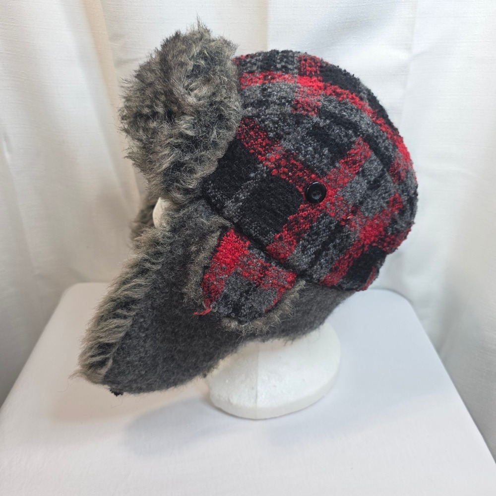 Woolrich Red Black Plaid Trapper Hat Faux Fur Ear Flaps Wool Blend PFW2613 OS